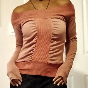 Off-the-shoulder Pink Mesh Longsleeve Top